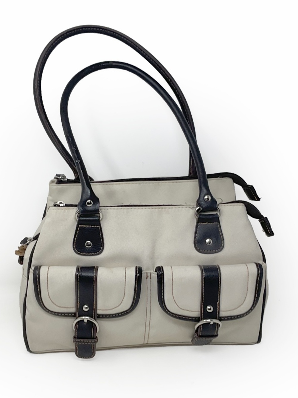 Vintage cream colored multi-compartment shoulder satchel, purse, bag